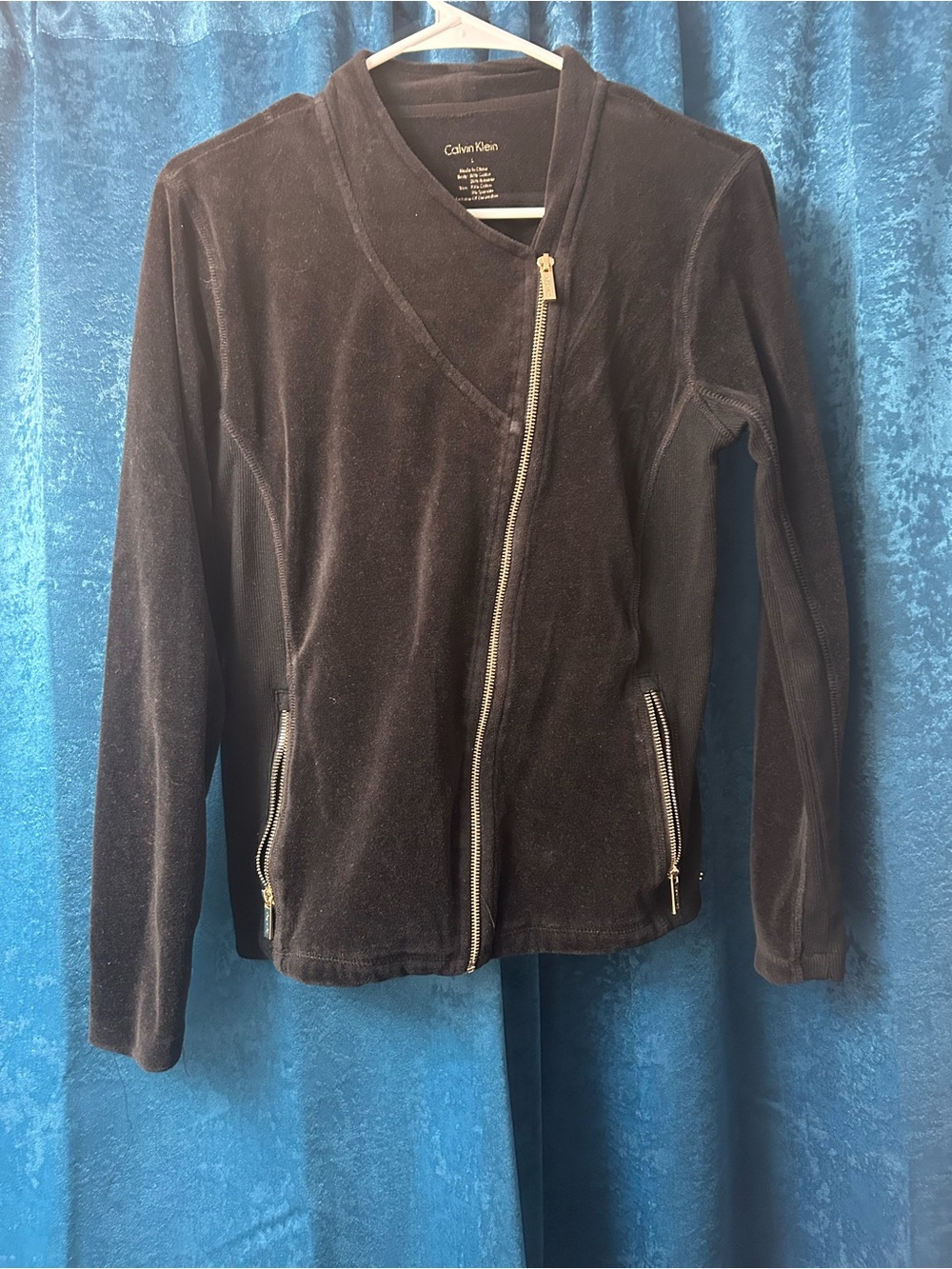 Calvin Klein Black Velour Asymmetric Zip Moto Jacket